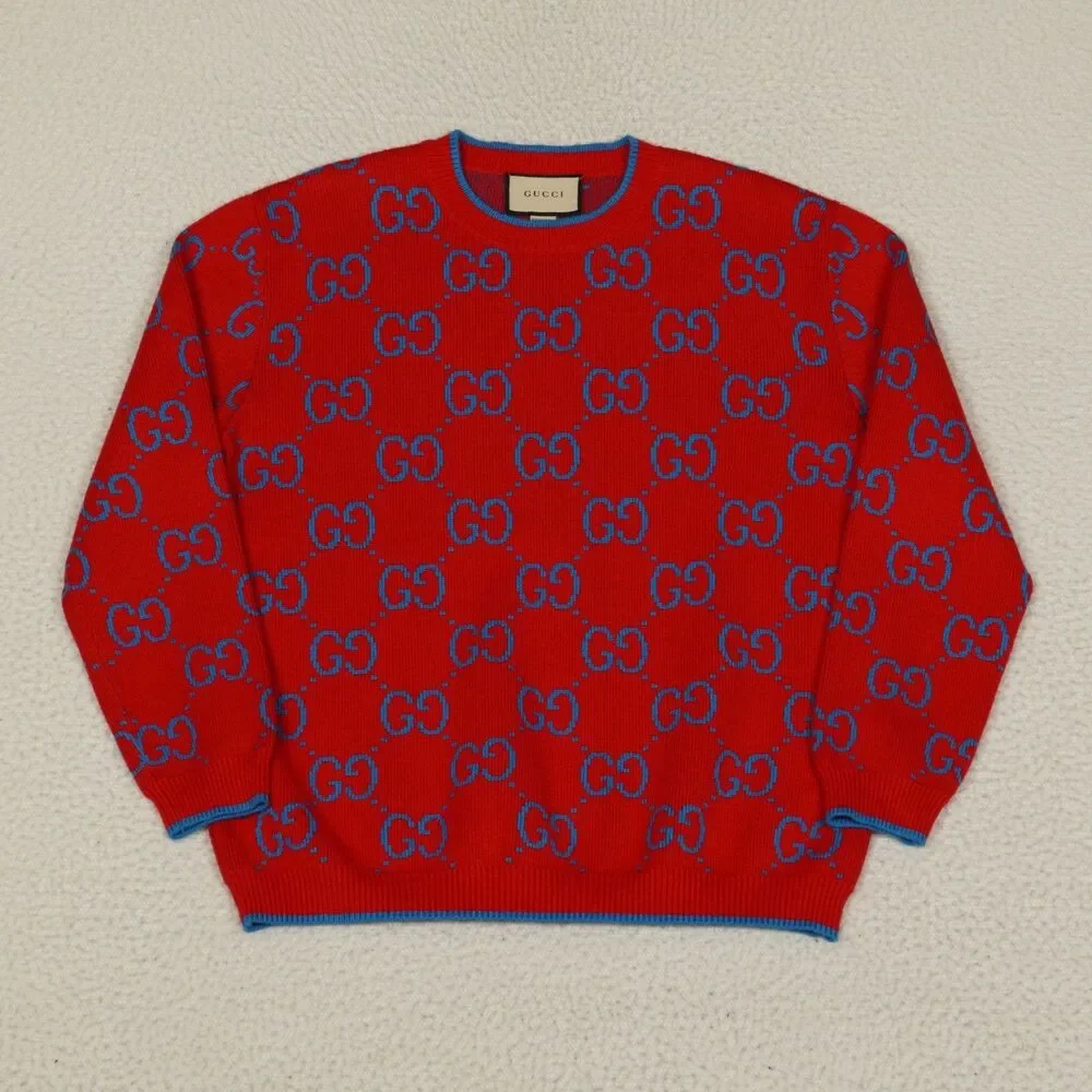 Gucci Gg Knit Cotton Jacquard Sweater Mens Large Red Blue Cotton Ready-To-Wear